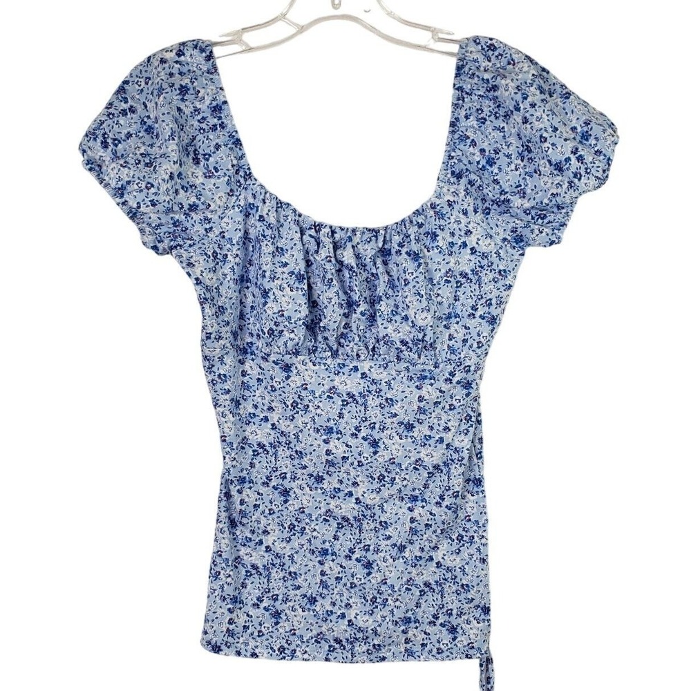 Just Polly Peasant Top Womens Small Blue Floral Ditsy Print Crop Puff Sleeve NWT
